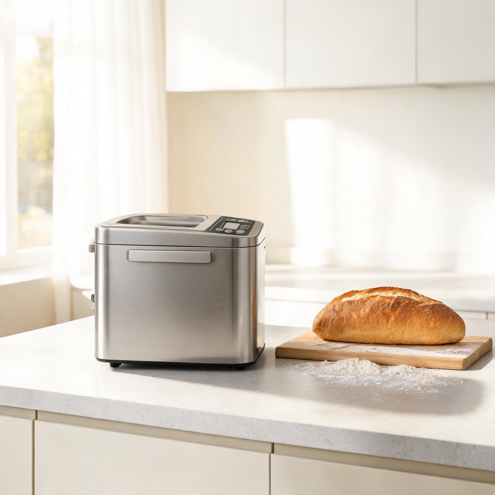 Stainless steel bread machine on kitchen counter with loaf of bread.