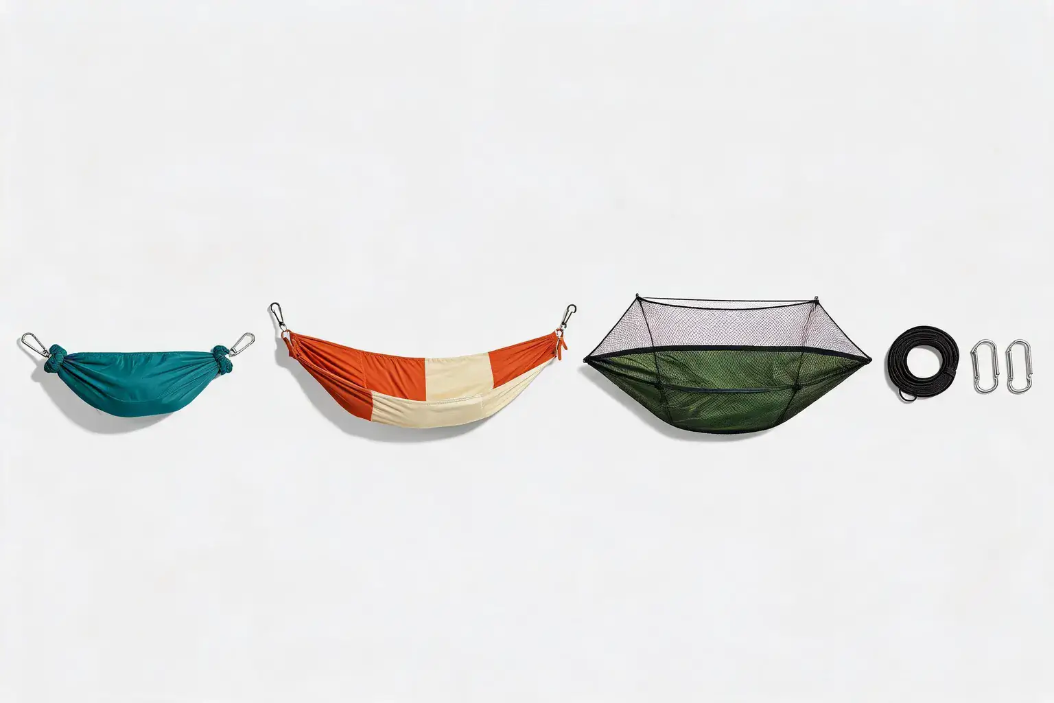 Three camping hammock styles compared on white background: a compact teal gathered-end hammock with carabiners, a larger orange-and-cream striped panel hammock, a dark green mesh hammock with integrated mosquito net canopy and frame, plus coiled black rope suspension straps and silver D-ring carabiners