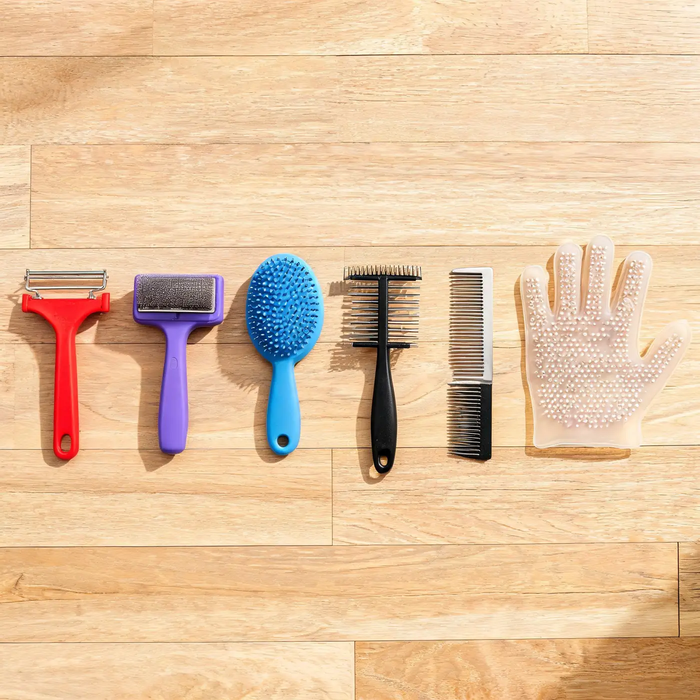 Cat deshedding tools compared flat lay: slicker brush, undercoat rake, rubber curry brush, stainless steel grooming comb and silicone grooming glove arranged on a wooden floor