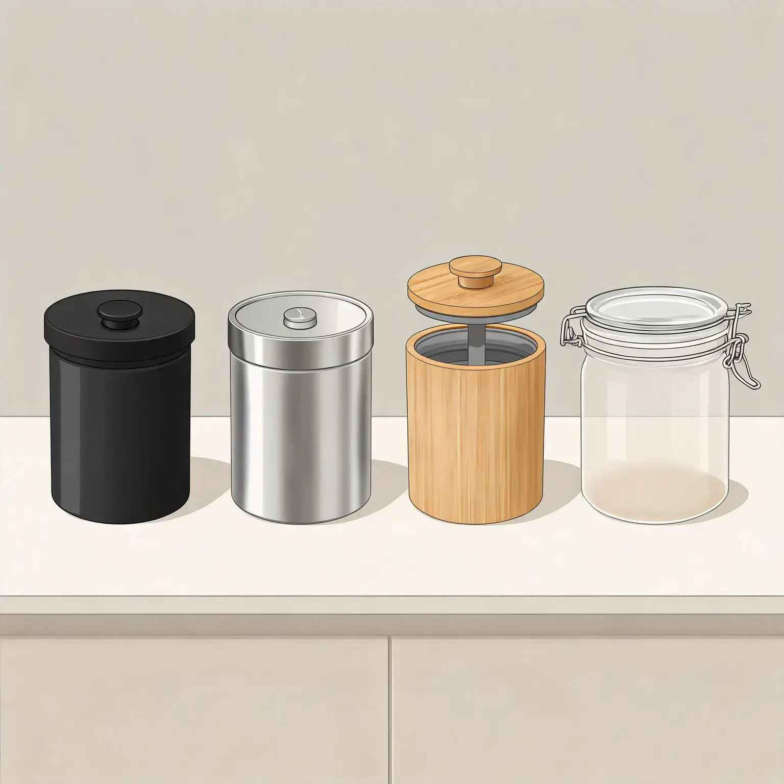 Four coffee canister seal types compared side by side: a black push-button vacuum lid canister, a stainless steel canister with a one-way CO2 valve lid, a canister with an inner plunger lid and bamboo outer lid, and a glass clamp-top airtight canister