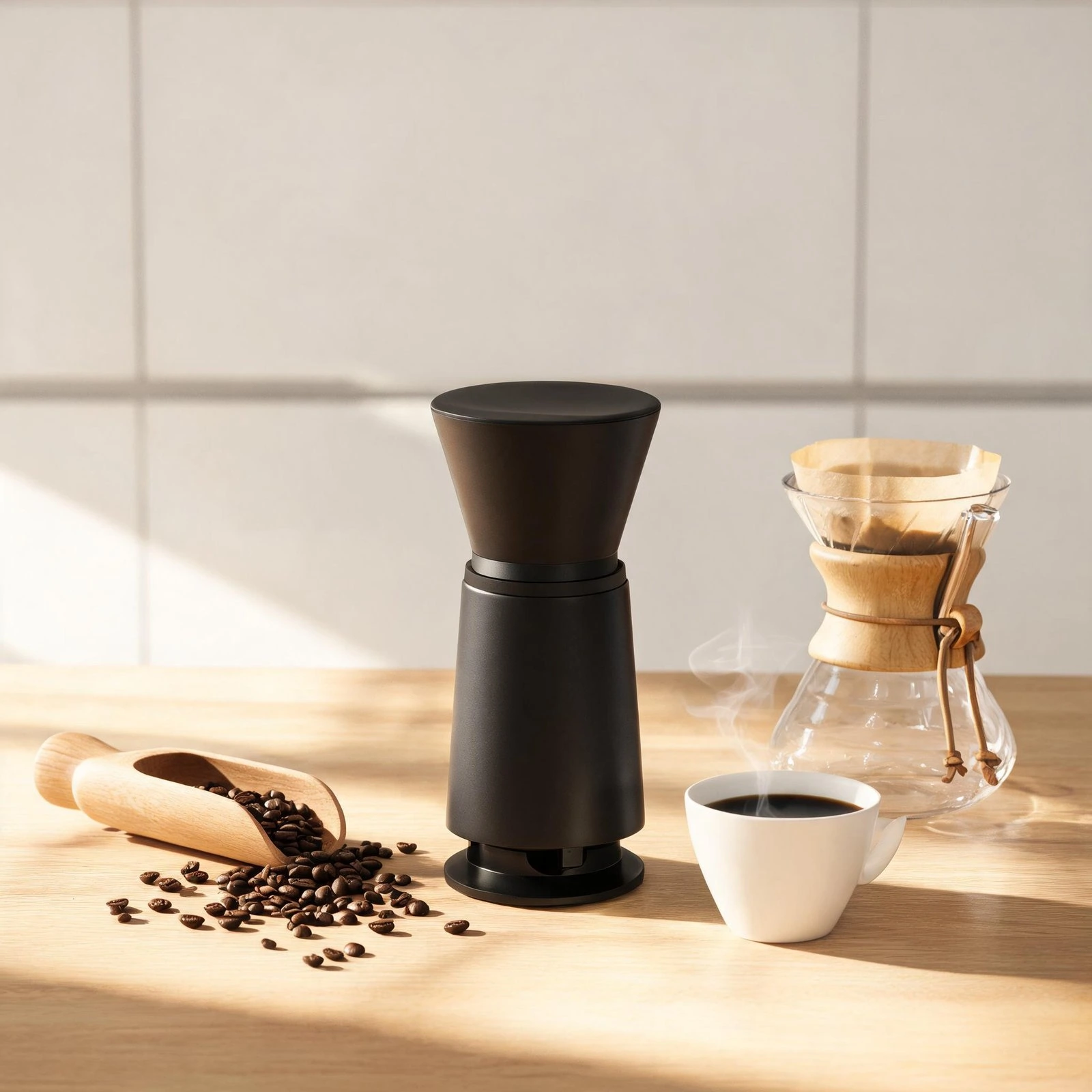 Modern coffee grinder with pour-over coffee maker and beans on wooden surface.