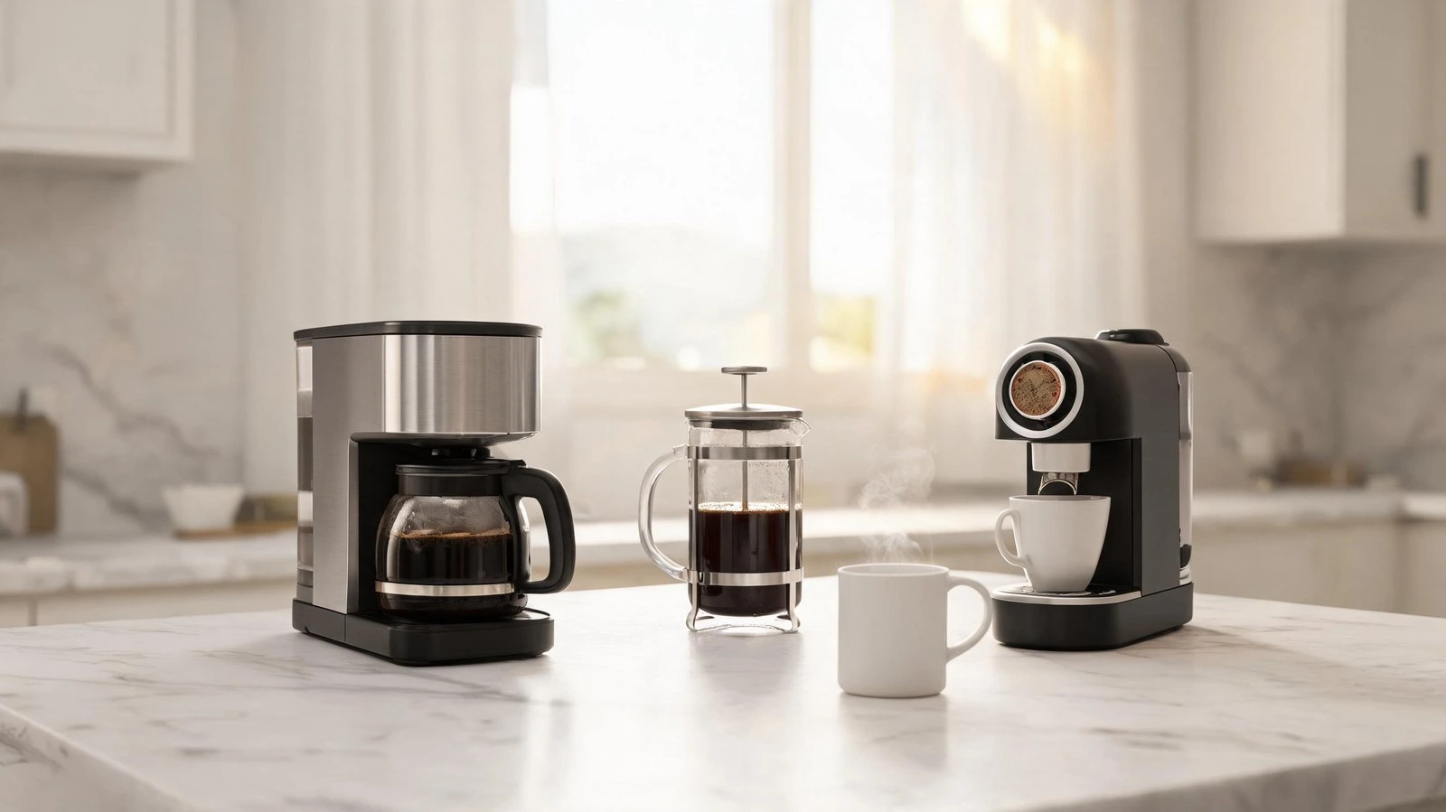 Coffee maker and espresso machine on kitchen countertop with cups and coffee.