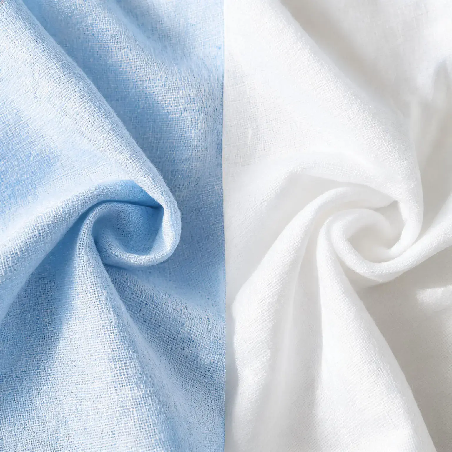 Close-up weave texture comparison of breathable percale and smooth lyocell cooling sheets in light blue and white
