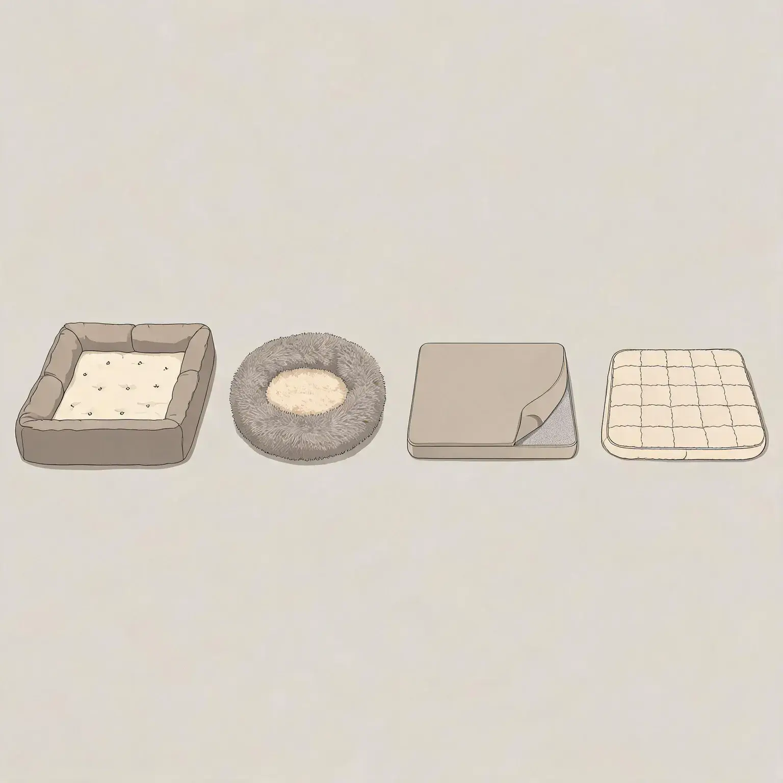 Four dog bed styles compared side by side: a rectangular sofa-style bolster bed with a tufted cushion, a round shaggy donut cuddler bed, a flat orthopedic memory foam mattress with a removable cover, and a quilted crate mat