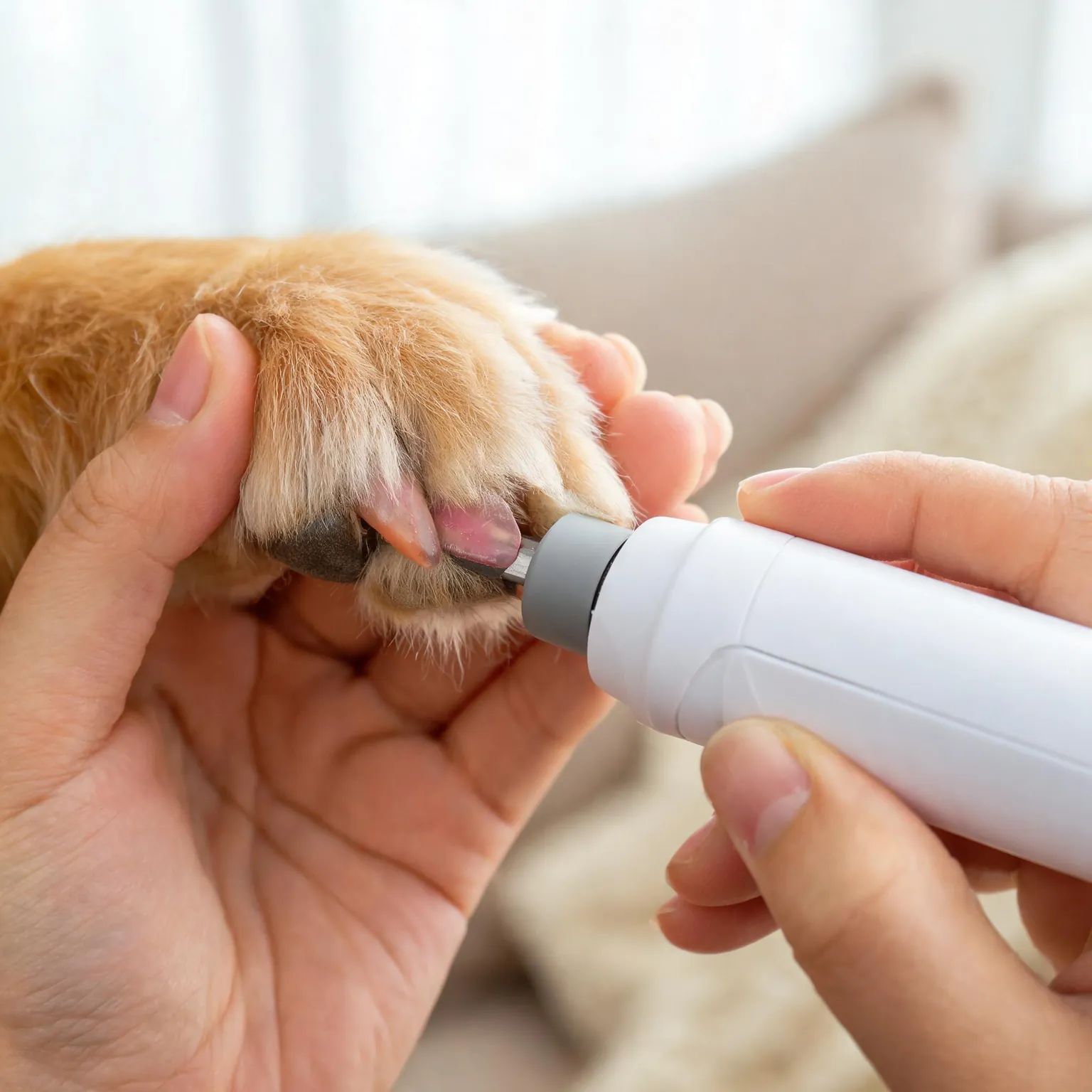 Proper dog nail grinding technique: electric grinder held at a 45-degree angle against just the tip of a golden retriever nail, paw held gently but securely