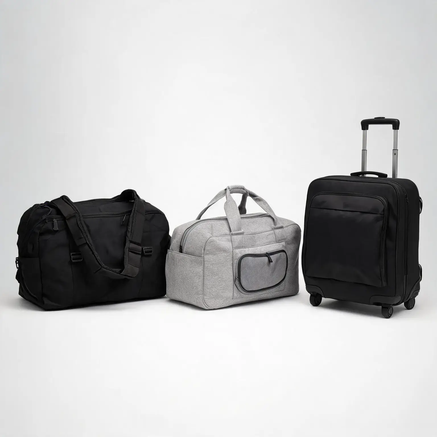 Duffel bag types compared: a large expedition travel duffel, a gym duffel with shoe pocket and a rolling duffel with wheels