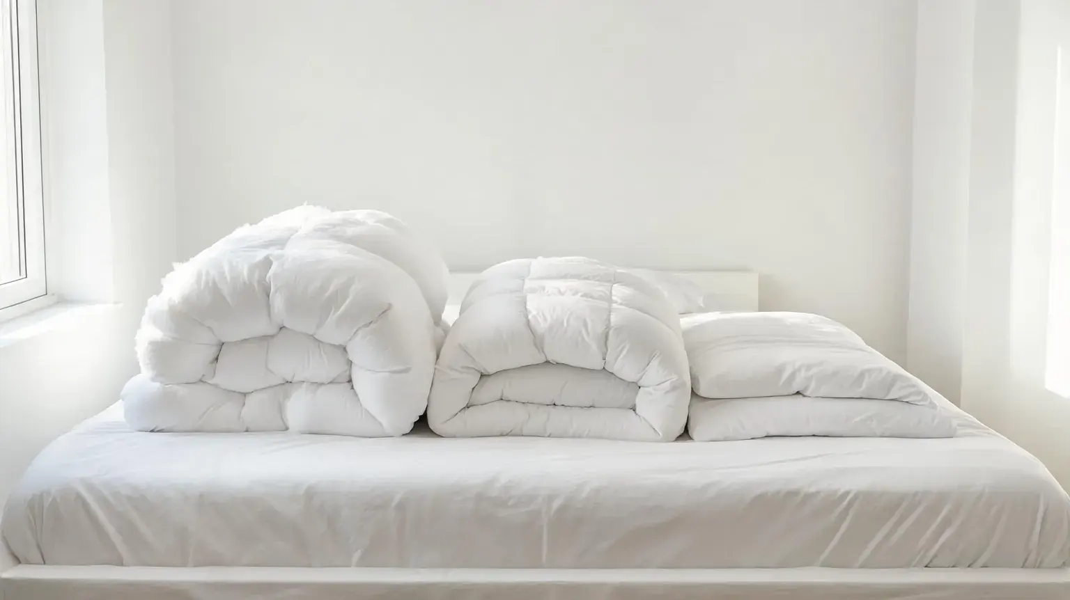 Best duvets compared: a cloud-like down insert, a plush down-alternative insert and a slim lightweight cooling insert side by side on a white bed