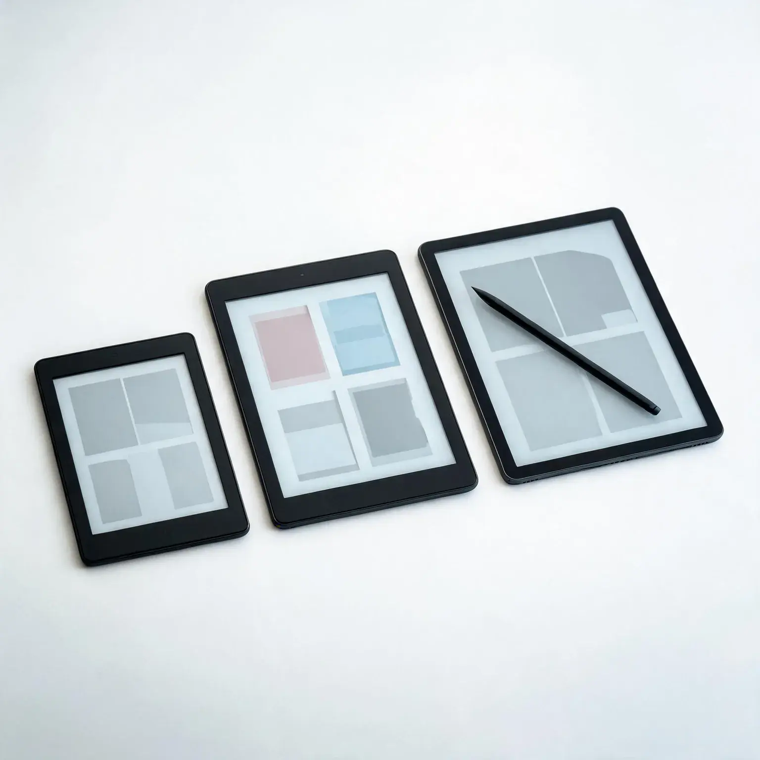 E-reader types compared: a compact 6-inch entry-level reader, a 7-inch color E Ink model and a large 10.2-inch note-taking tablet with a stylus on a white desk