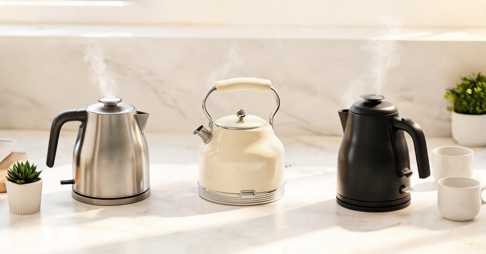 Three modern electric kettles in stainless steel, cream, and black on a kitchen countertop.