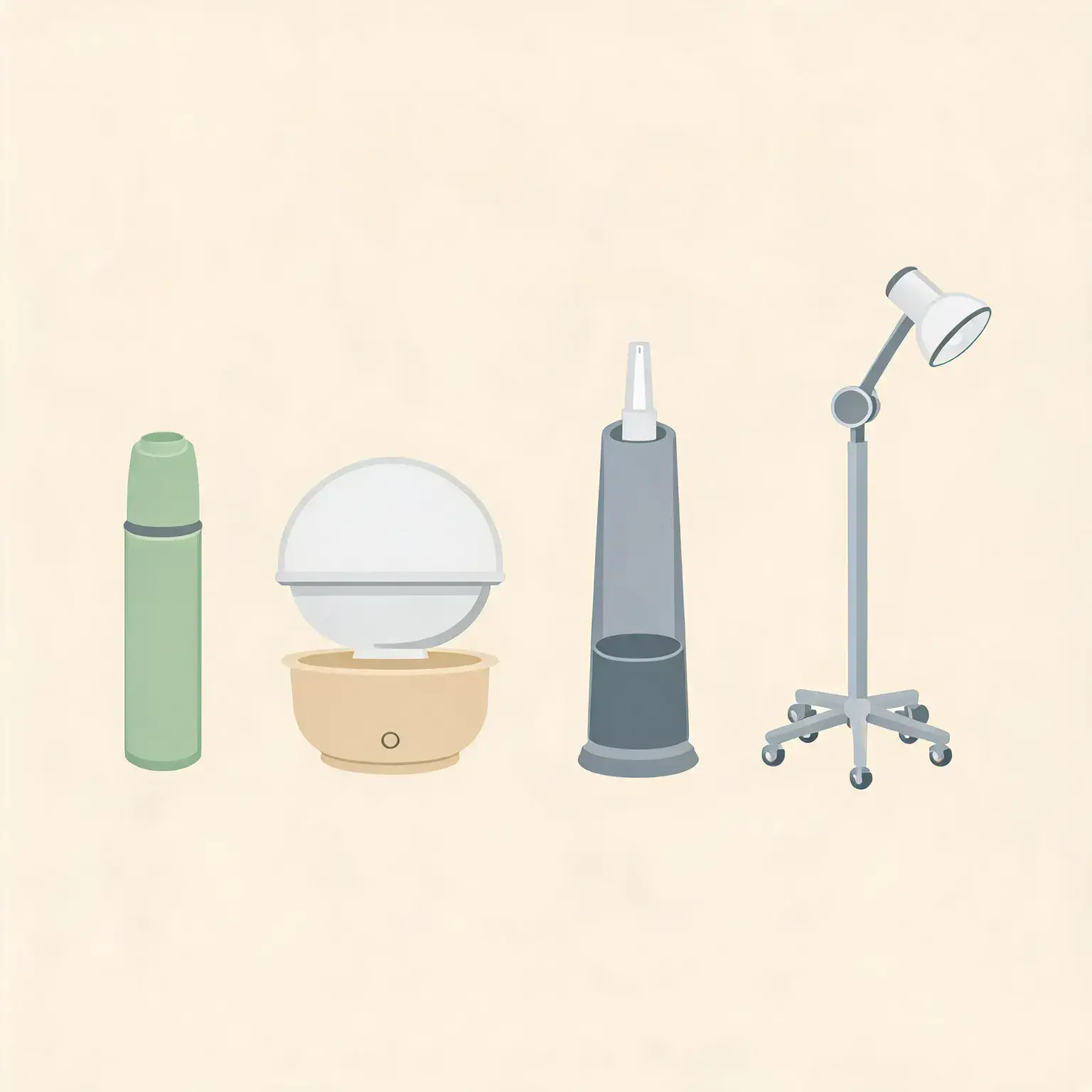 Four facial steamer styles compared side by side: a compact handheld mini mist tube, a classic countertop facial sauna with a dome lid over a water basin, a tall nano ionic tower steamer with a narrow steam nozzle, and a professional salon-style standing steamer with a wheeled five-leg base and adjustable arm