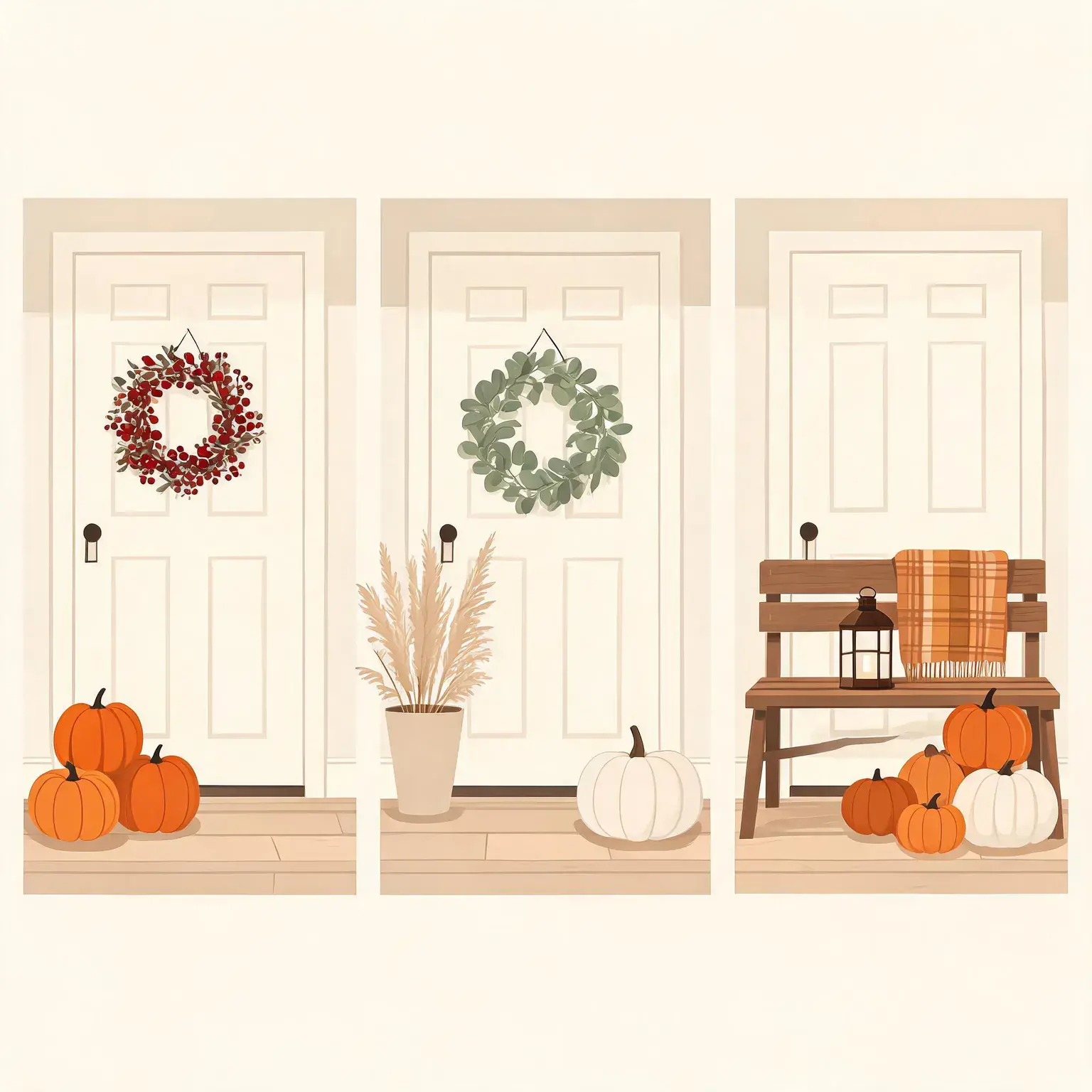 Three fall front porch styling approaches compared: classic harvest with a berry wreath and pumpkins, natural minimalist with greenery and pampas grass, and a farmhouse bench with a blanket and lantern