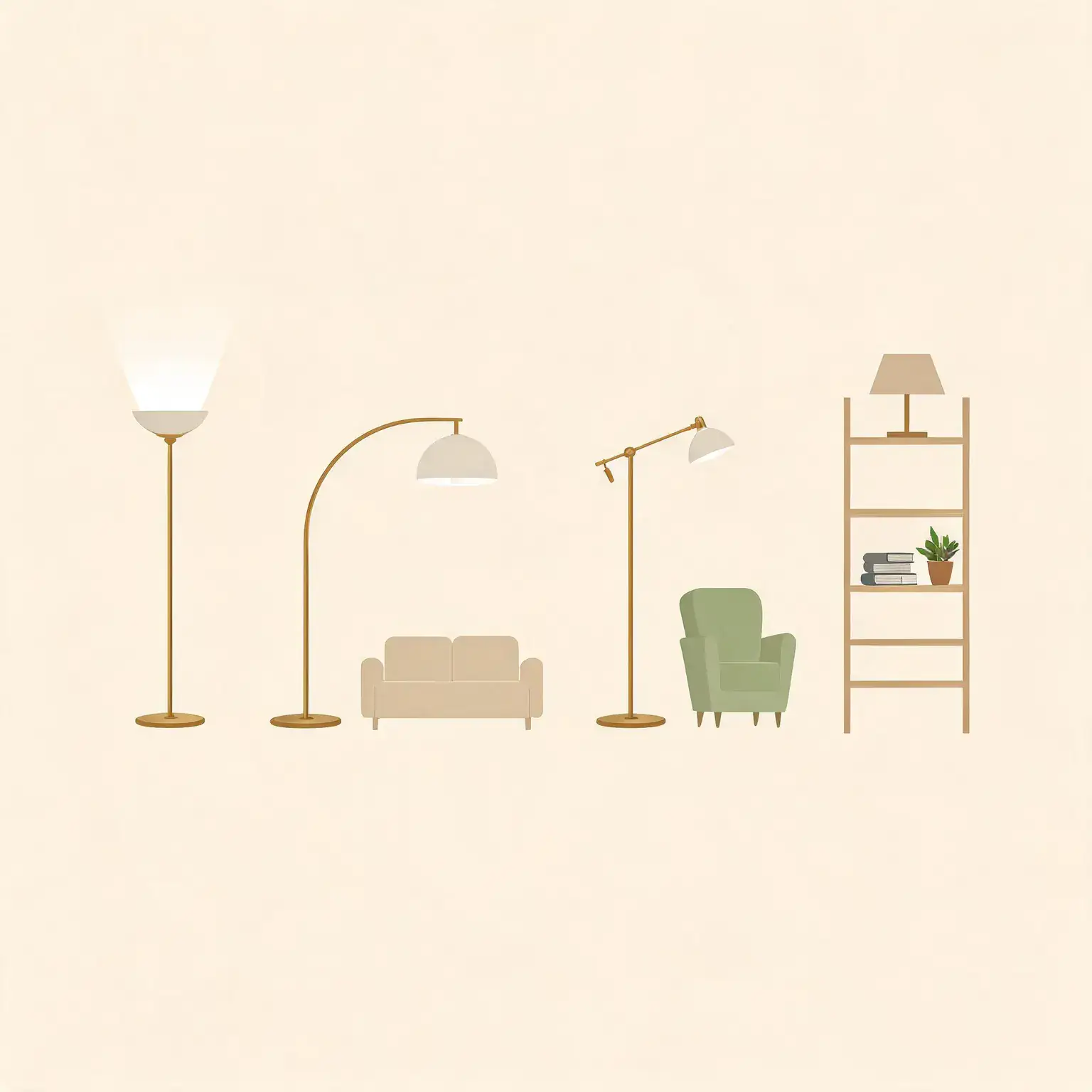Four floor lamp styles compared side by side: a tall torchiere floor lamp with an upward-facing bowl shade casting a glow toward the ceiling, an arc floor lamp with a long curved brass arm ending in a dome shade over a beige sofa, an adjustable pharmacy task floor lamp with an angled cone head beside a green armchair, and a shelf floor lamp with open wooden display shelves holding books and a small plant topped by a fabric shade