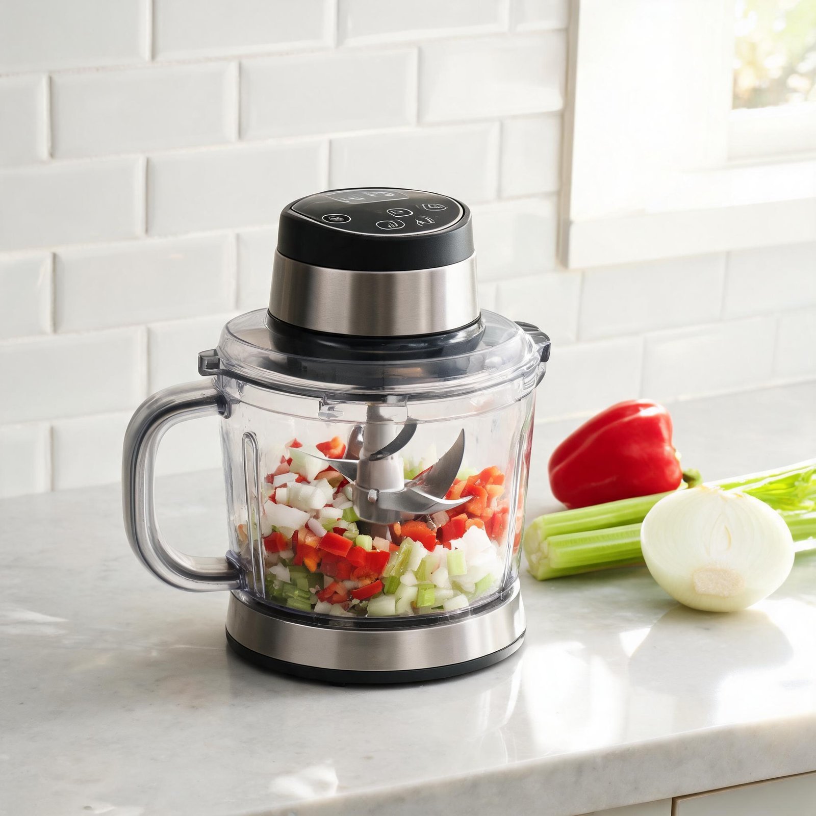Electric food chopper with chopped vegetables on a kitchen counter.
