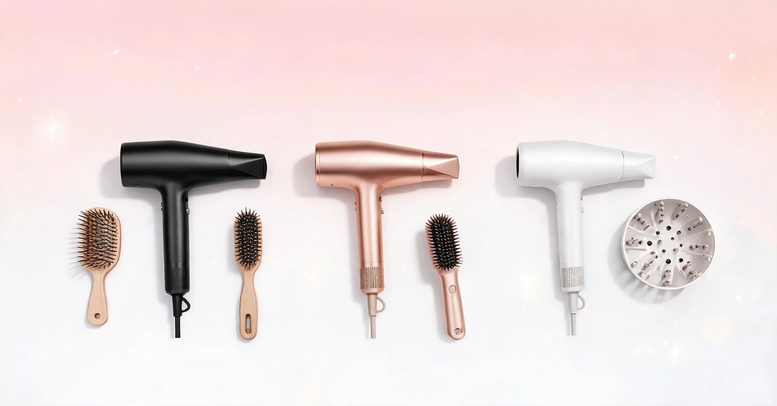 Set of three hair dryers with different nozzle attachments on a pink background.