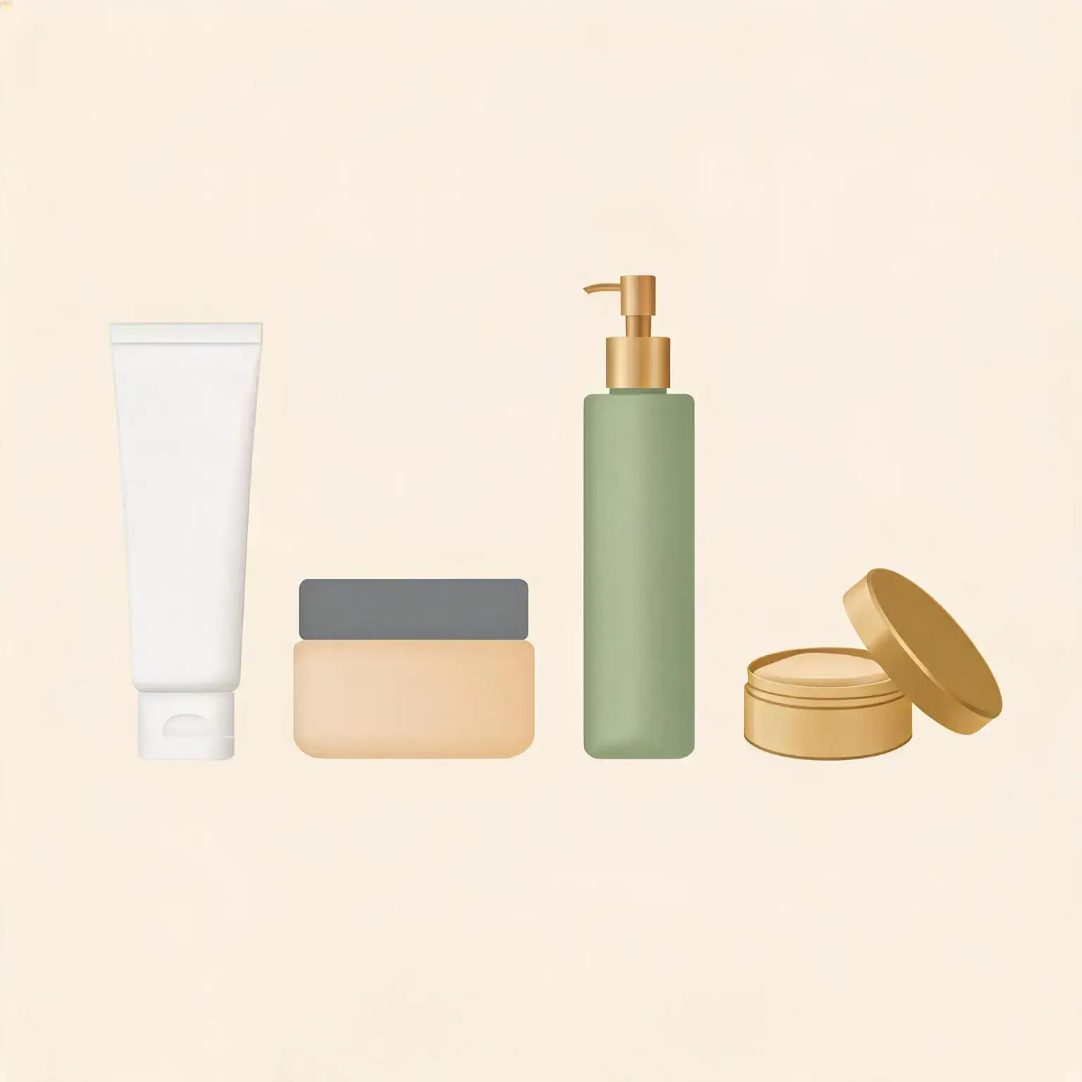Four hand cream formats compared side by side: a white squeeze tube standing upright with a flip-top cap, a short squat cream jar with a flat lid, a tall slim pump bottle with a gold dispenser nozzle, and a small round metal ointment tin with its lid removed revealing a smooth balm surface