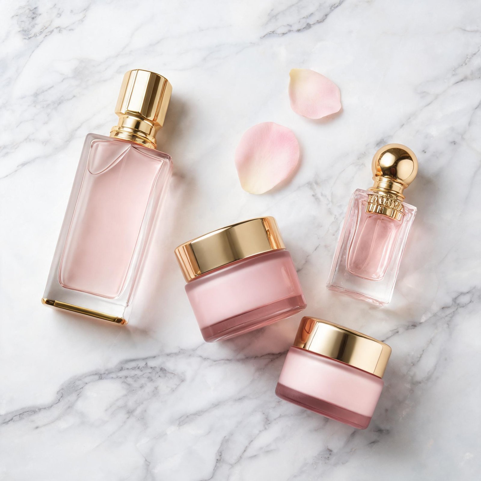 Luxury beauty products collection on marble - designer perfumes and skincare