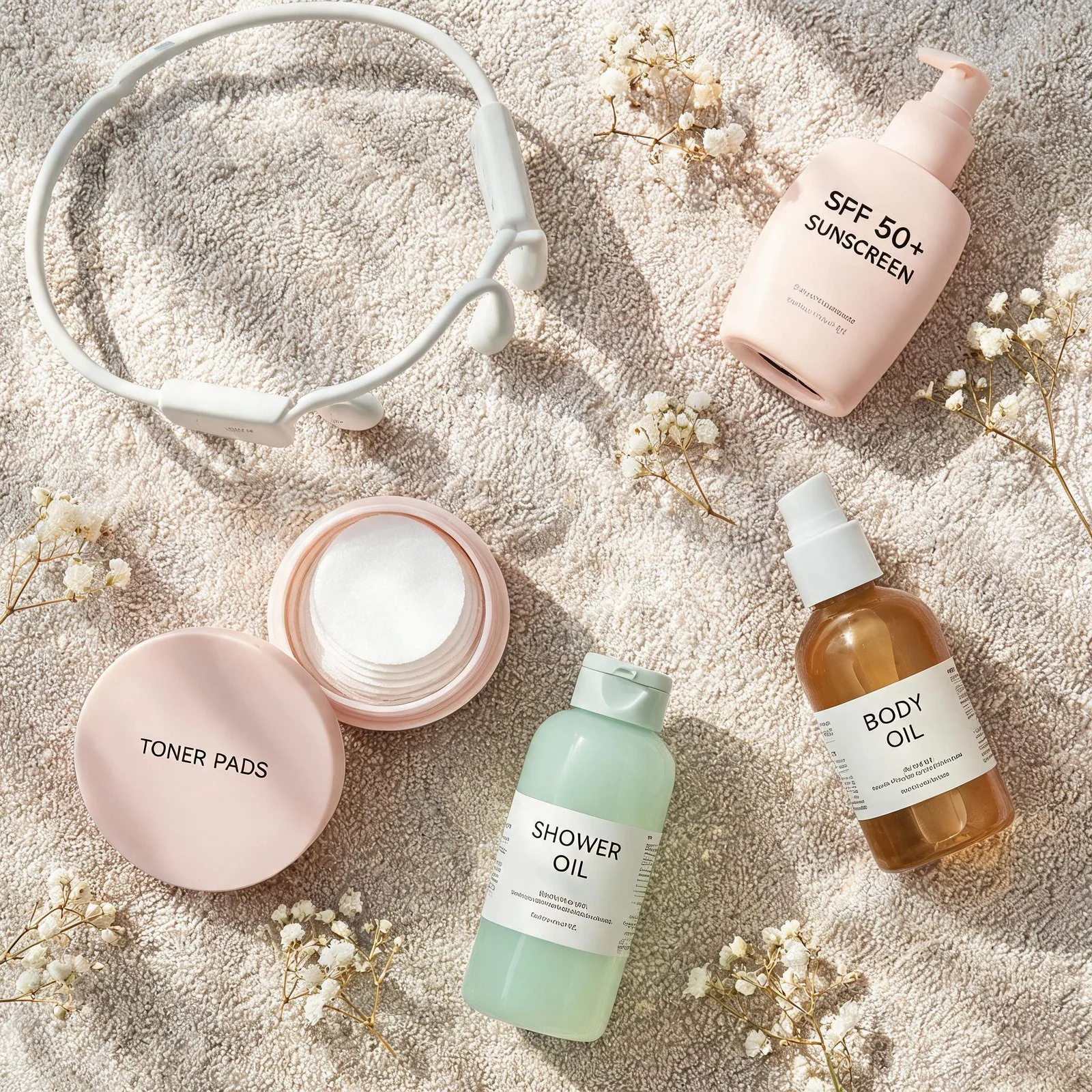 Self care and wellness products - headphones sunscreen skincare