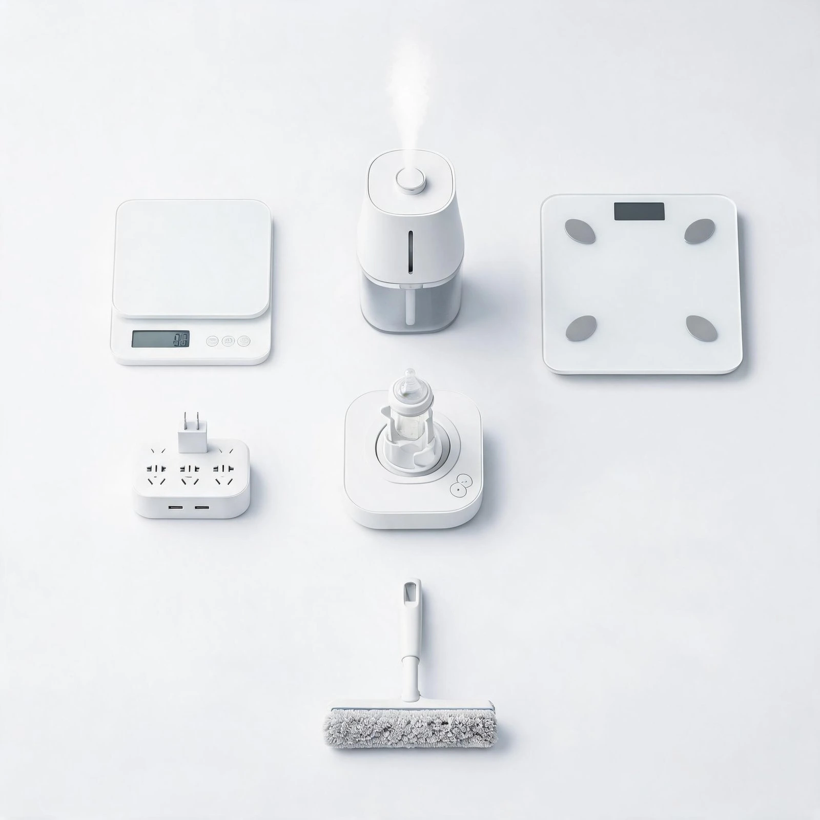 Weekend home finds flat lay: kitchen food scale, humidifier, smart scale, surge protector wall charg