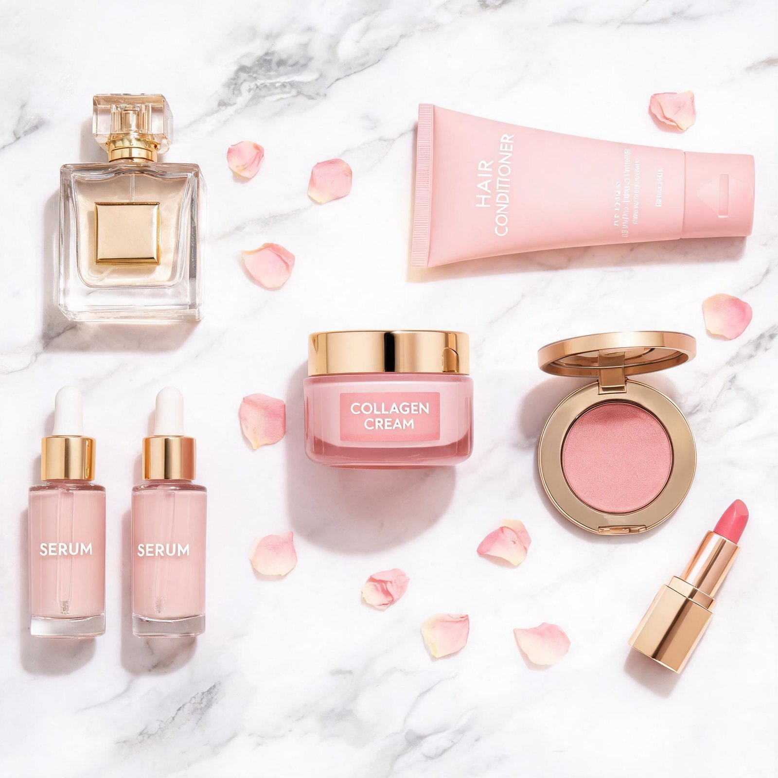 Cult favorite beauty products flat lay: designer perfume, hair conditioner, skincare serums, collage