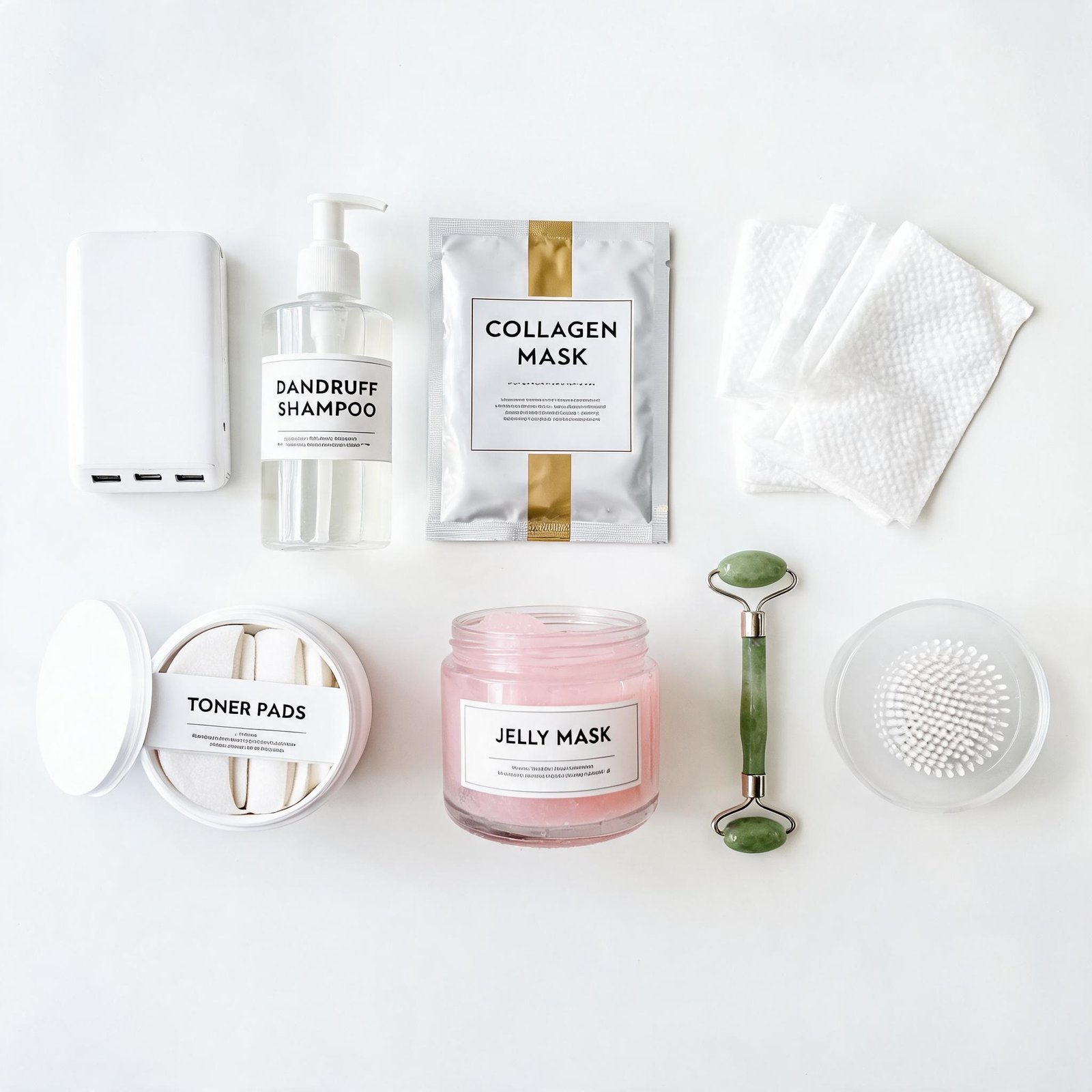 Hair body wellness essentials flat lay: portable charger, power bank, dandruff shampoo, collagen mas