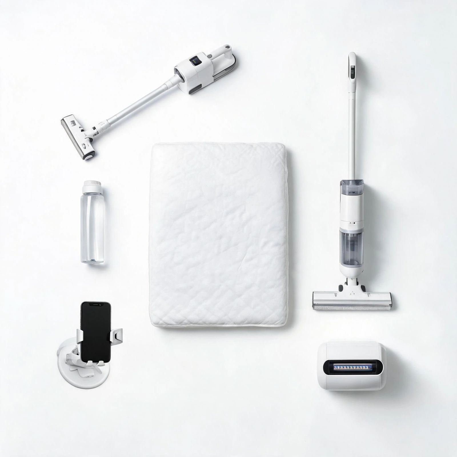 Smart home cleaning gadgets flat lay: cordless vacuum, flat mop system, water bottle, mattress prote