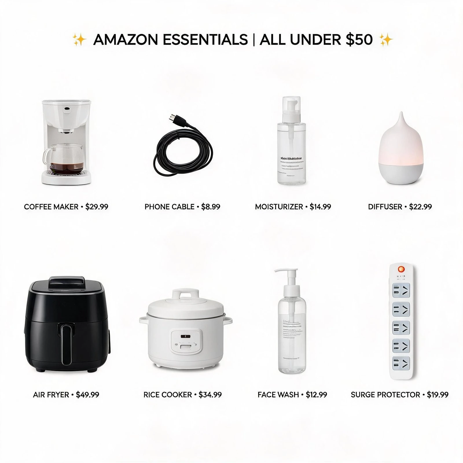 Everyday Amazon essentials under 50 dollars flat lay: coffee maker, phone cable, moisturizer, diffus