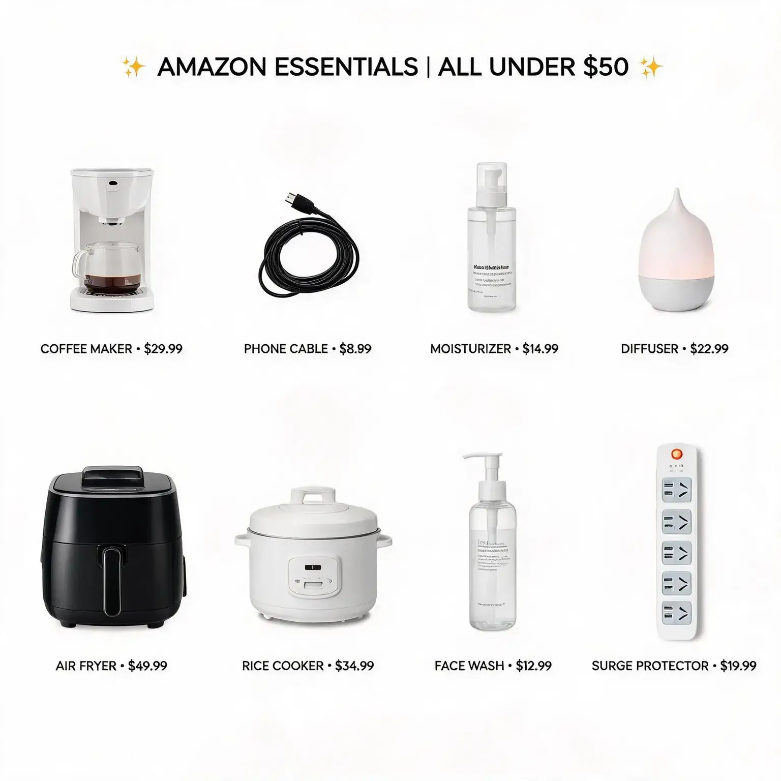 Everyday Amazon essentials under 50 dollars flat lay: coffee maker, cast iron skillet, phone cable, moisturizer, diffuser and more
