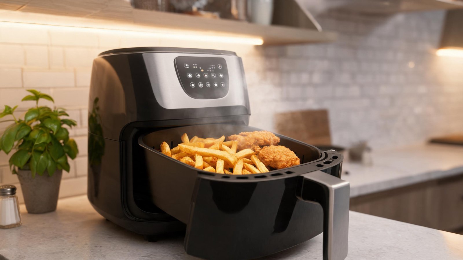 Air fryer cooking crispy chicken tenders and fries in a modern kitchen.