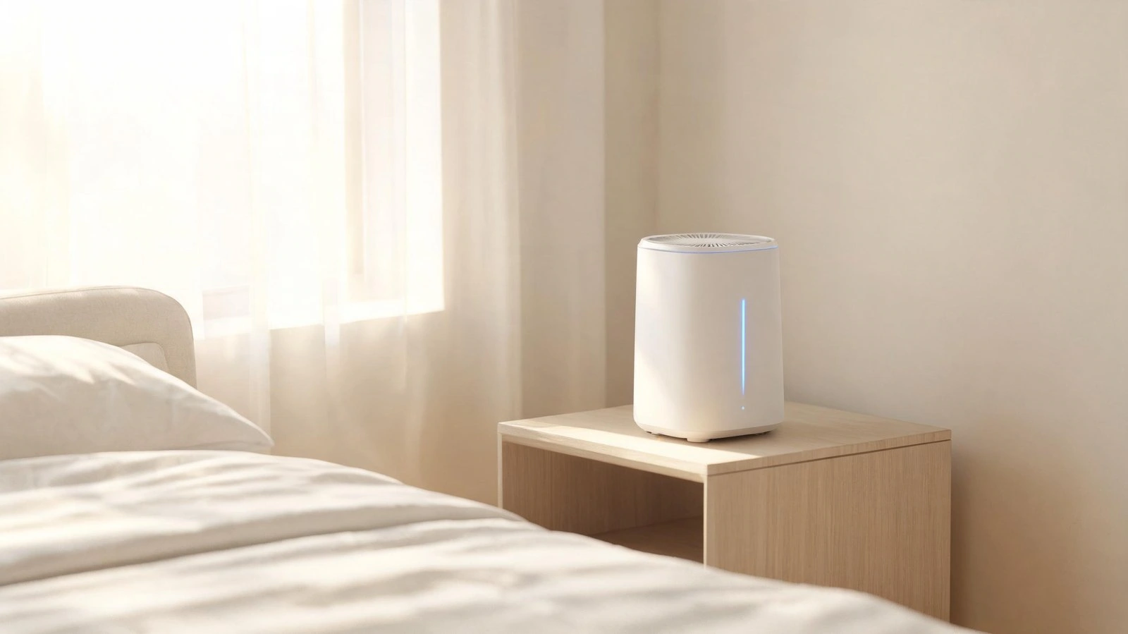 White air purifier on wooden bedside table in a bright bedroom.