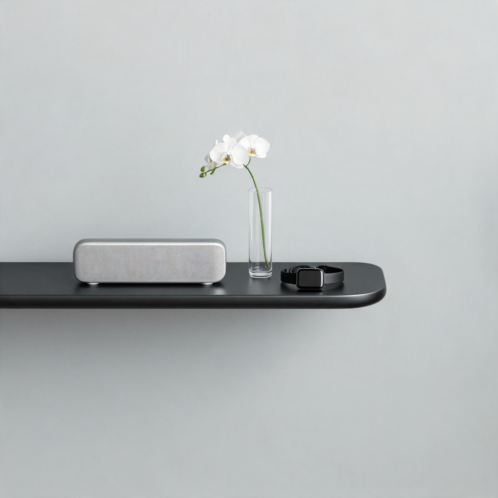 Modern minimalist shelf with speaker, orchid, and smartwatch on light gray wall.