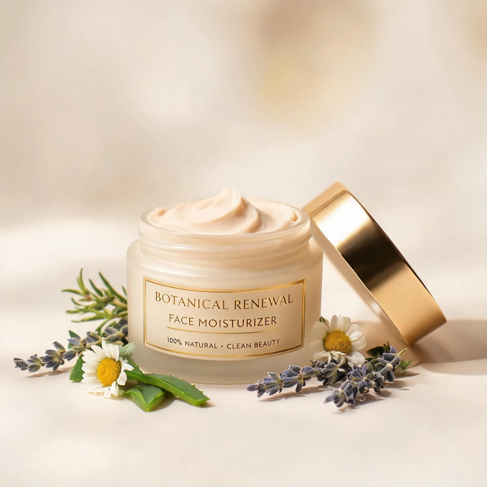 Natural face moisturizer with botanical ingredients in a glass jar with gold lid.