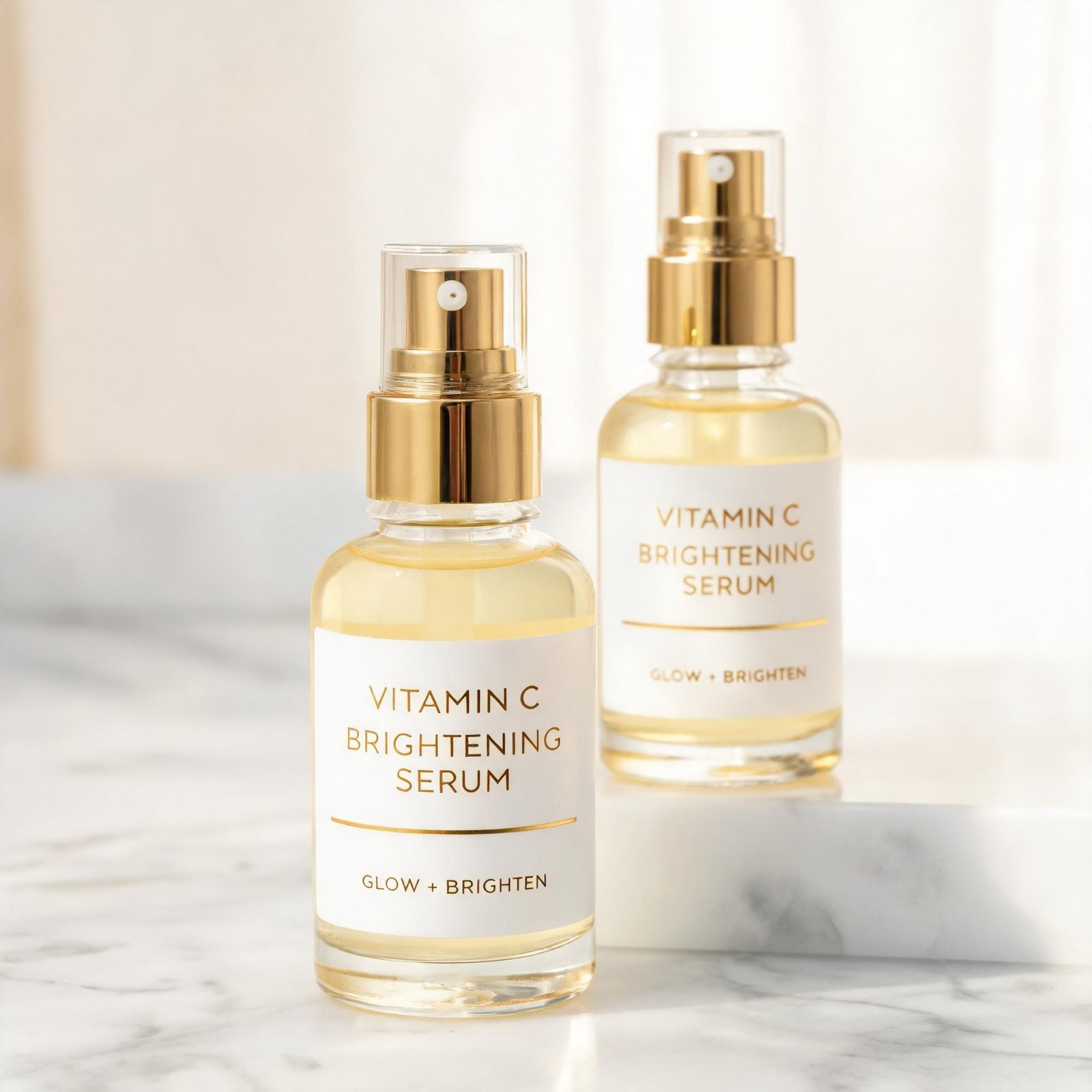 Two bottles of Vitamin C Brightening Serum on marble surface for skincare.