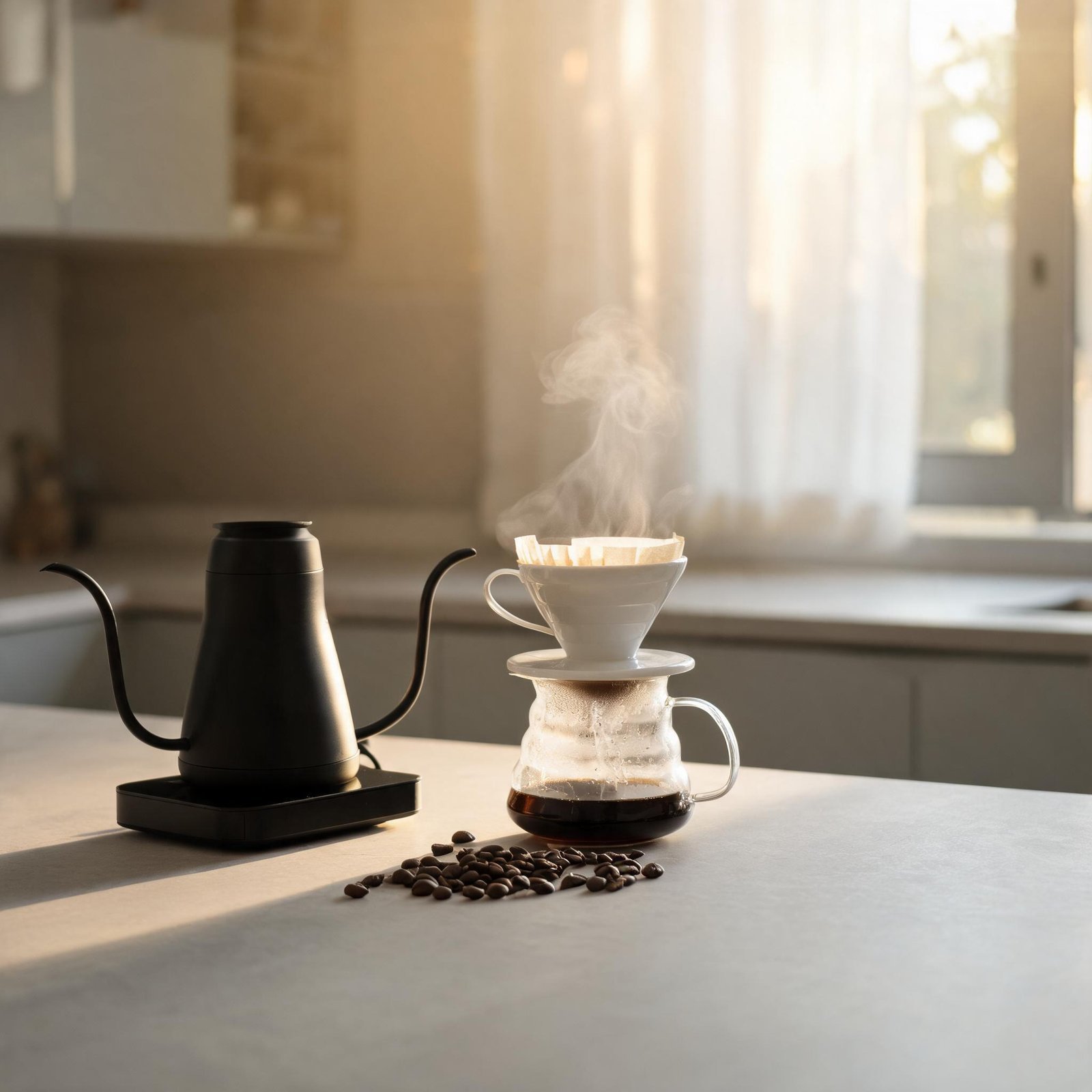 Steam rises from a coffee dripper on a kitchen counter with a kettle nearby.