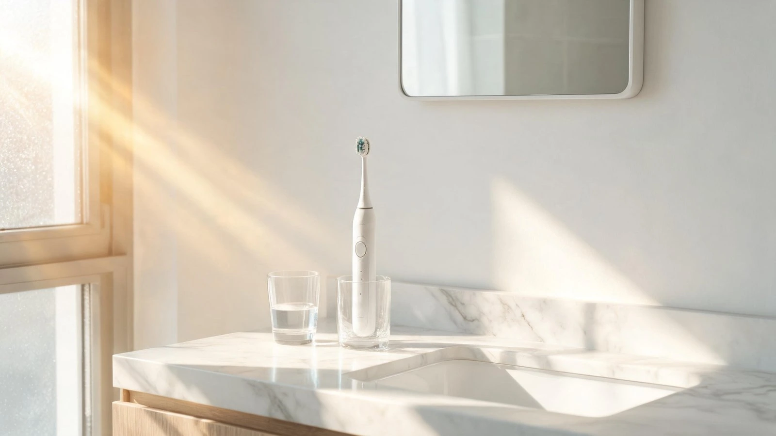 Electric toothbrush on bathroom sink with sunlight streaming in.