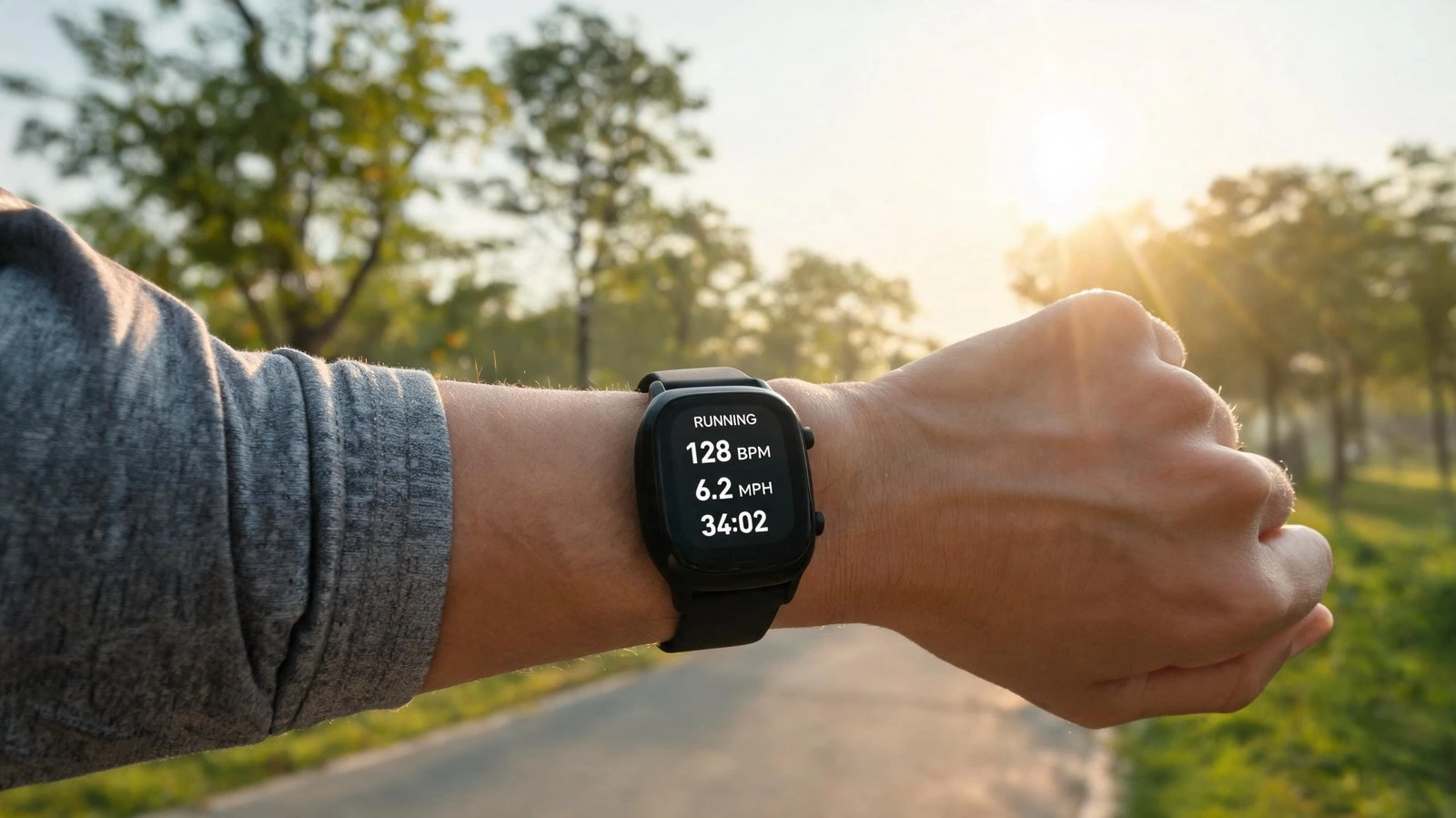 Smartwatch displaying running stats outdoors at sunset.