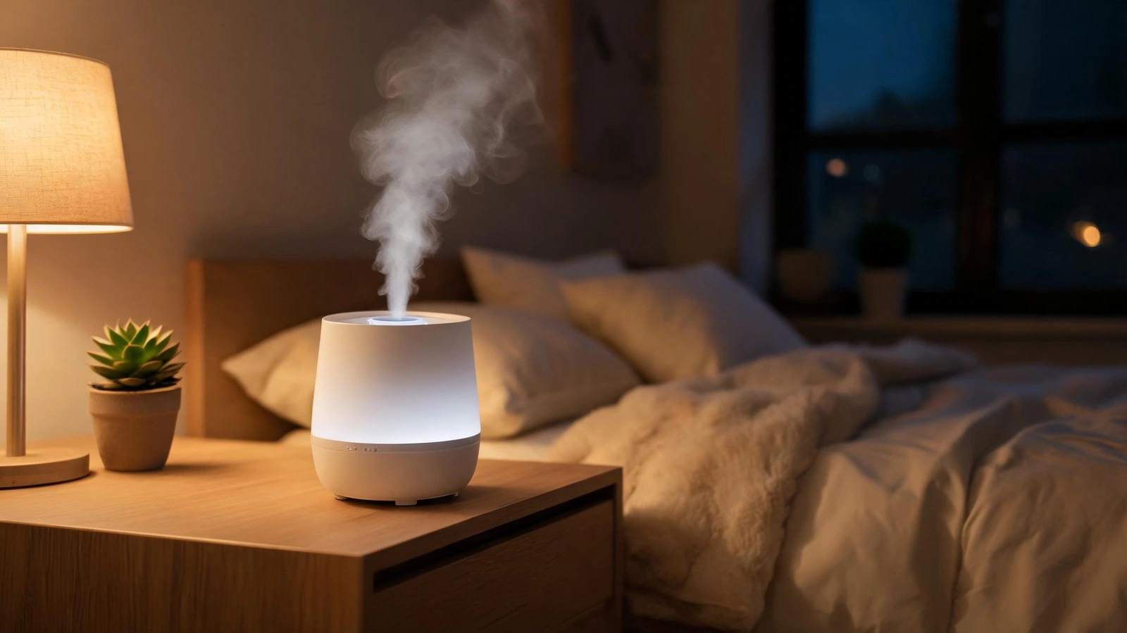 Humidifier emitting mist in a cozy bedroom setting at night.