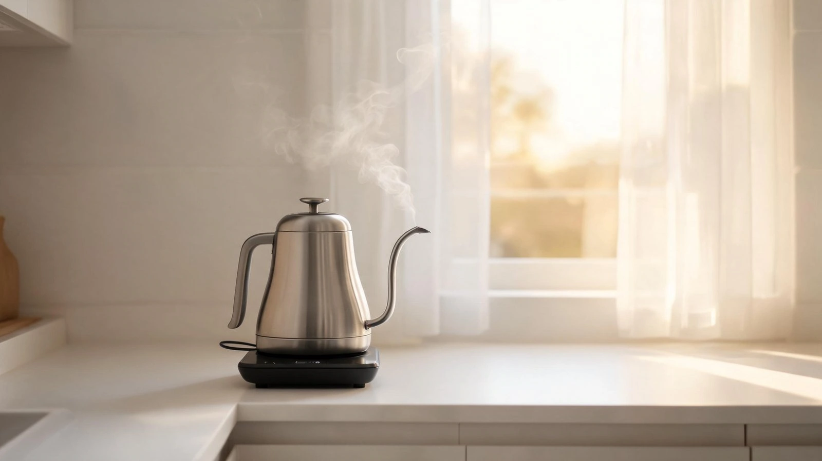 Stainless steel electric kettle steaming on kitchen counter near window.