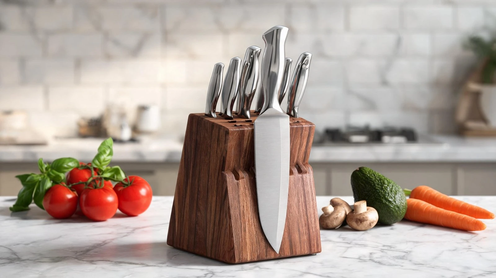 Set of stainless steel knives in a wooden knife block on kitchen counter.