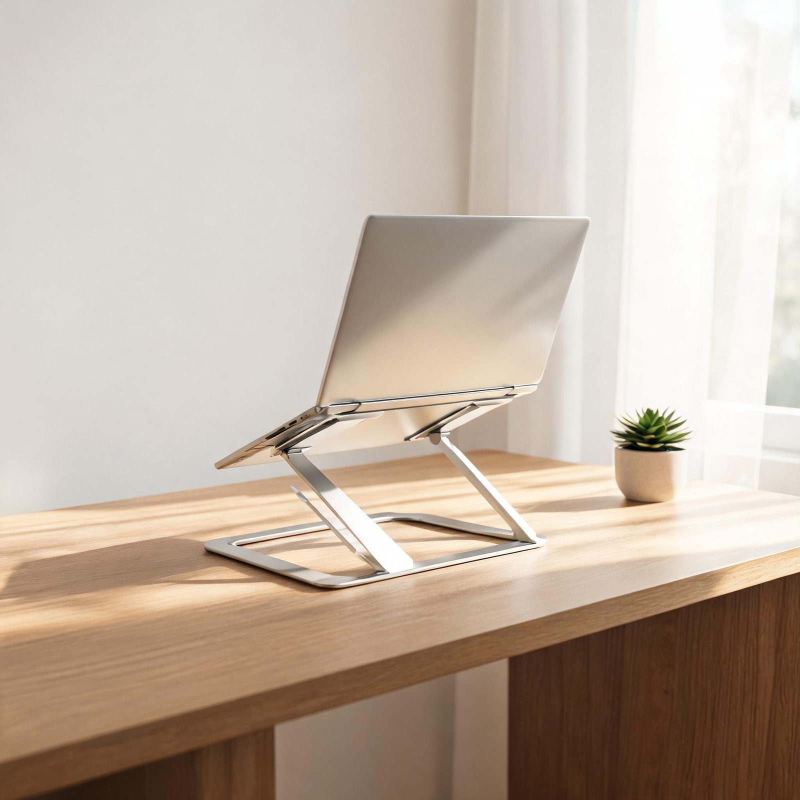 Modern adjustable laptop stand on wooden desk with a small potted plant.