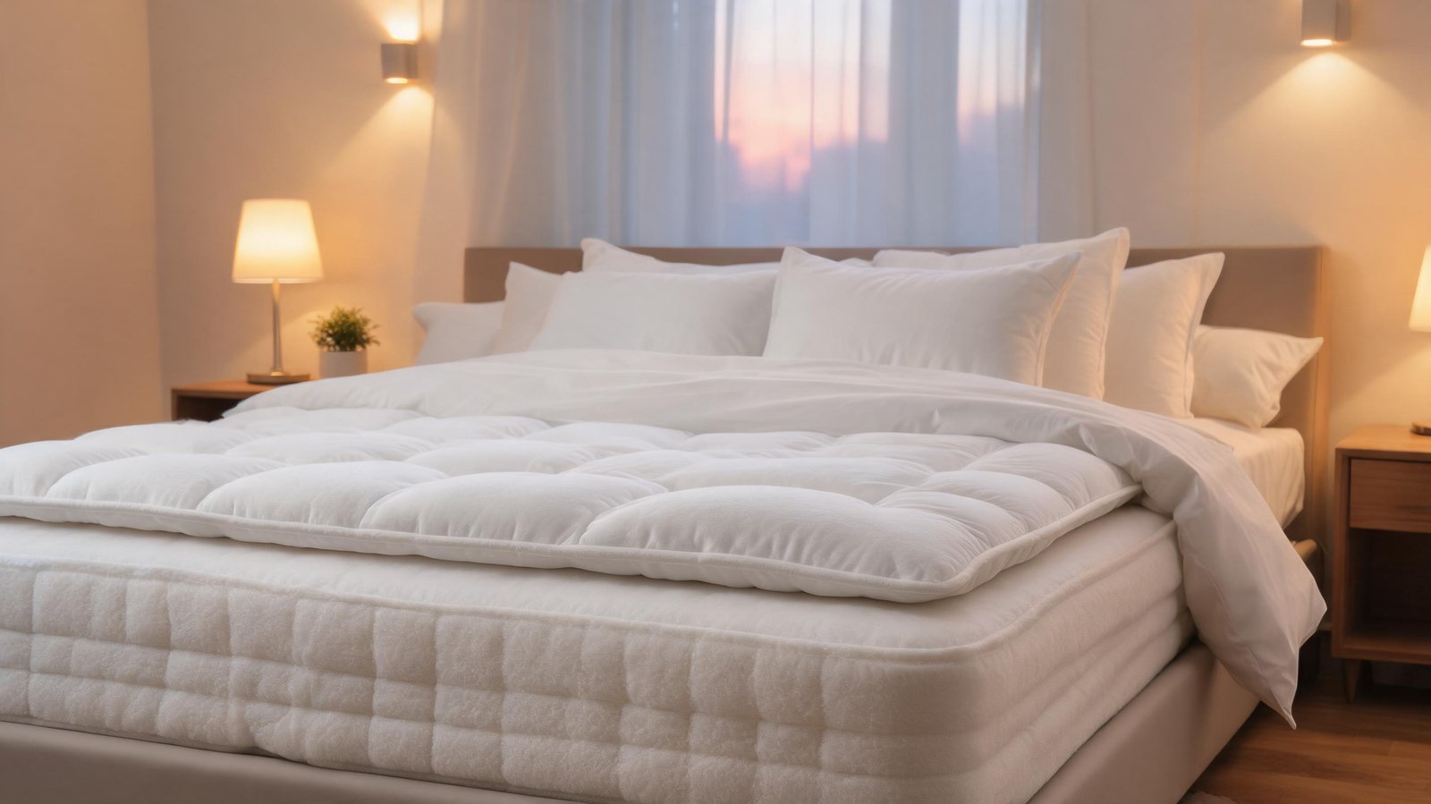 Cozy bedroom with neatly made bed and soft lighting for restful sleep.