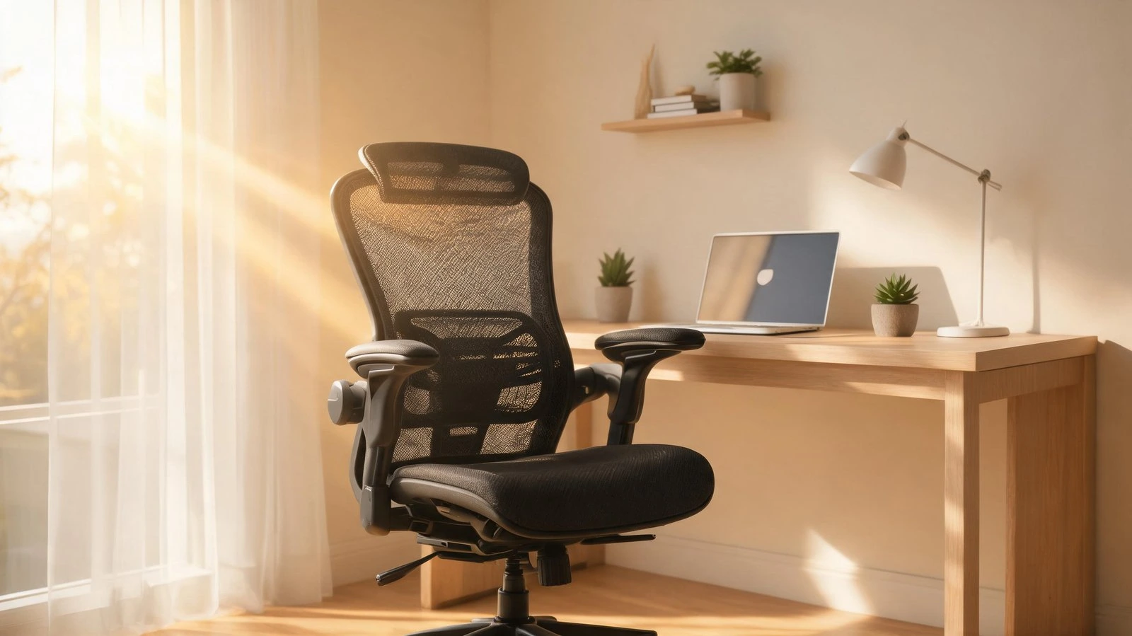 Ergonomic office chair in a bright home workspace with a wooden desk and laptop.
