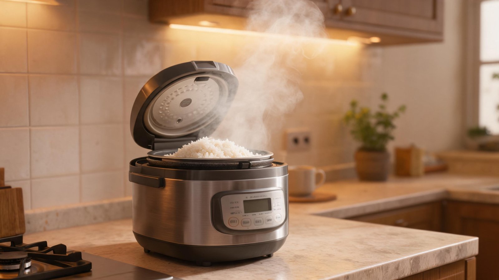 Modern rice cooker steaming rice in a kitchen setting.
