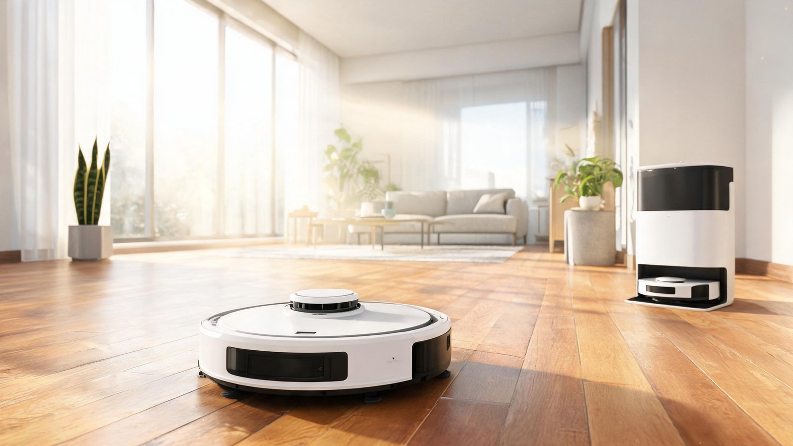 Robotic vacuum cleaner cleaning hardwood floor in modern living room.