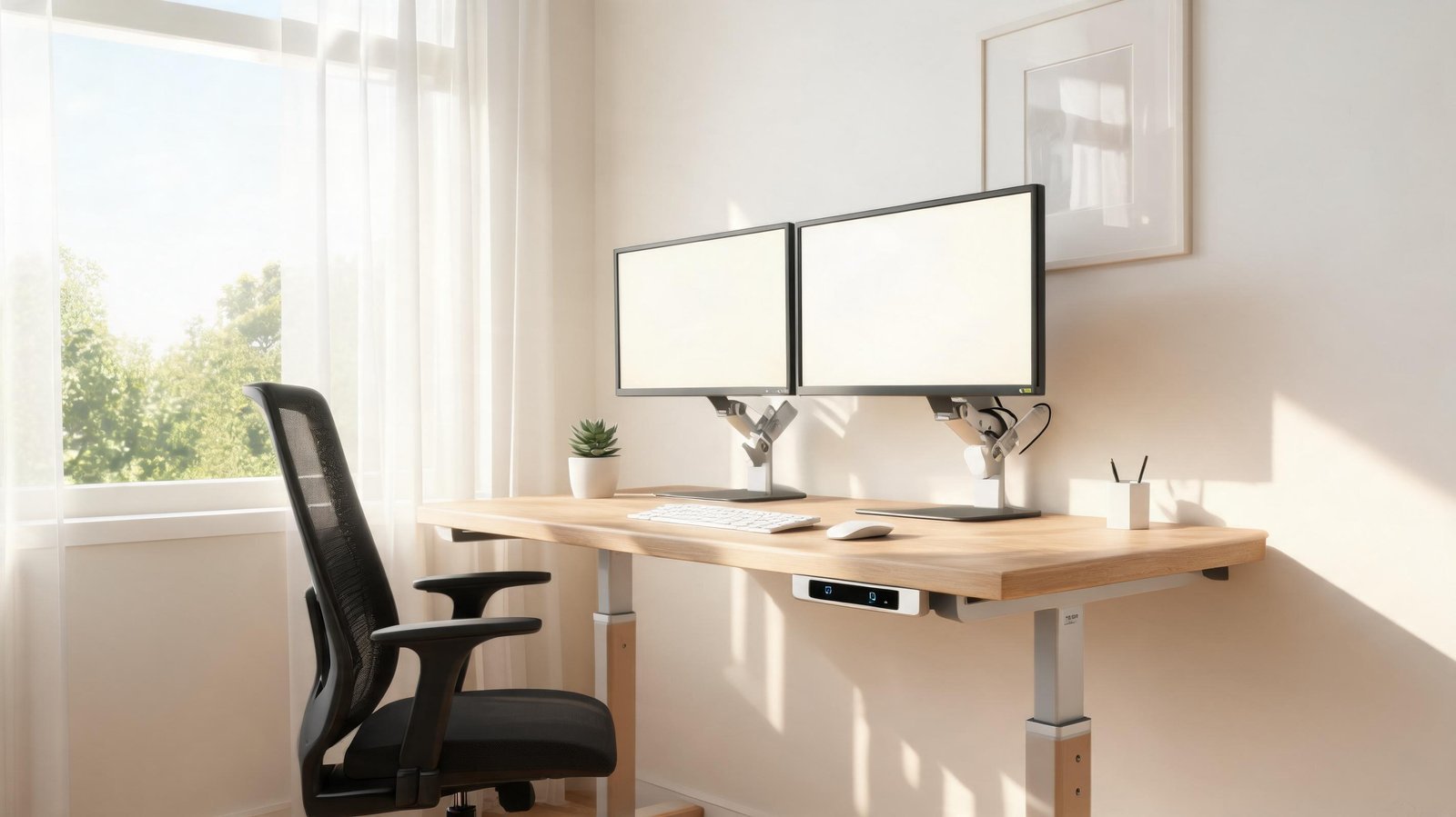 Modern home office with dual monitors and ergonomic chair near window.