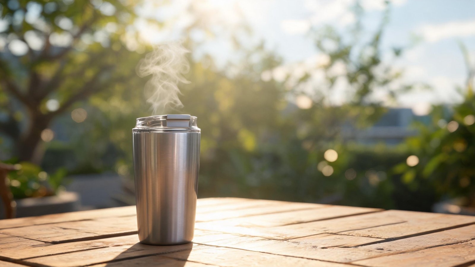 Stainless steel travel mug on wooden table outdoors with sunlight.