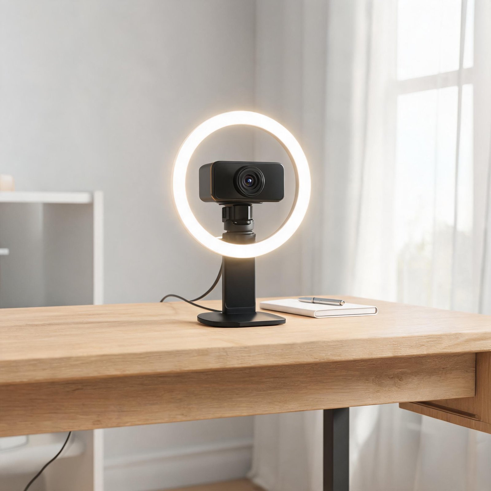 Ring light with camera on wooden desk for streaming or video calls.