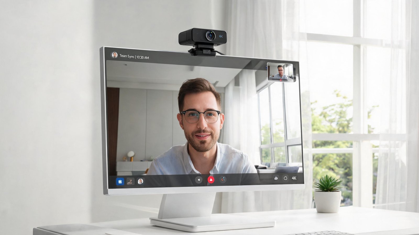 Man on video call with a large computer monitor and webcam in a bright room.