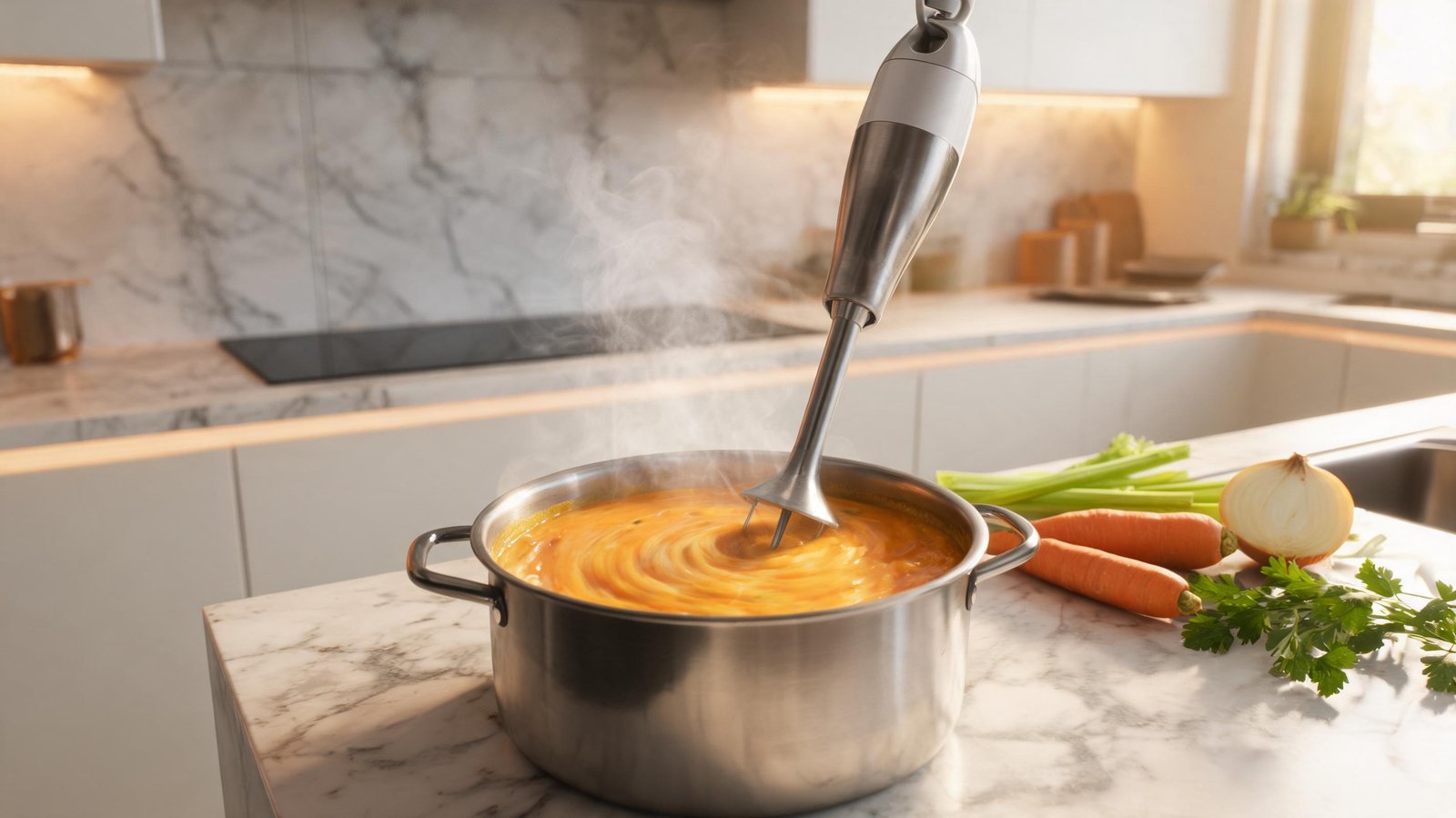 Electric hand blender blending soup in a modern kitchen.