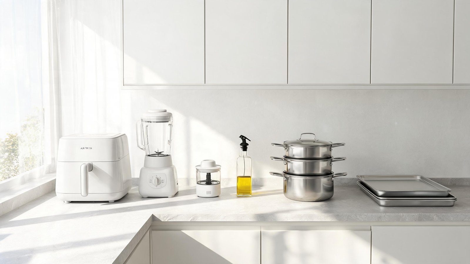 Kitchen countertop with appliances, cookware, and utensils in bright sunlight.