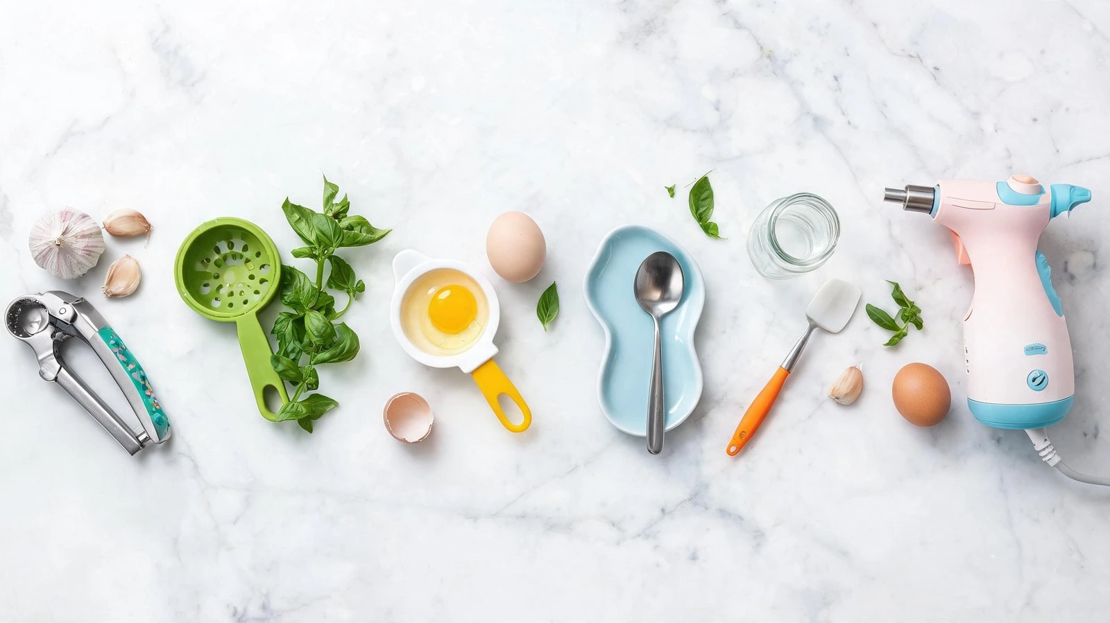 Kitchen tools and ingredients on marble surface for baking or cooking.